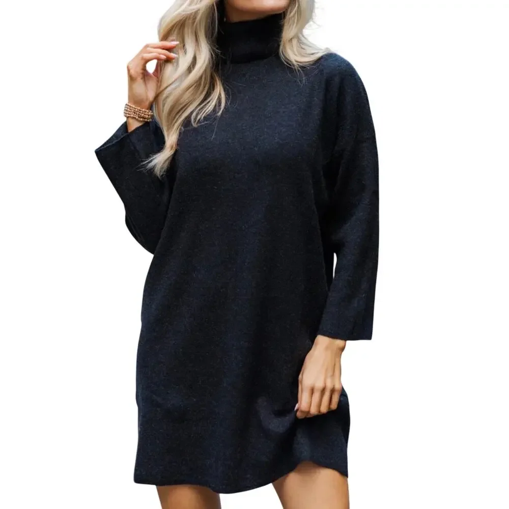 Tulip B Unique Vintage Black Ribbed Turtleneck Long Sleeve Sweater Dress L NWT